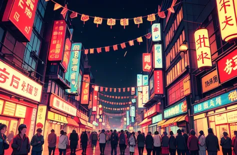A vintage cyberpunk scene in the heart of a bustling Chinatown during the Chinese New Year celebrations, where the Year of the D...