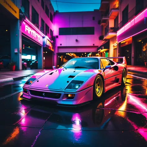 low camera angle,futuristic,1vehicle,ferrari f40,wide arch racing body kit,synthwave,neon lights,cinematic lighting,<lora:Synthwave_Style-20:1>,