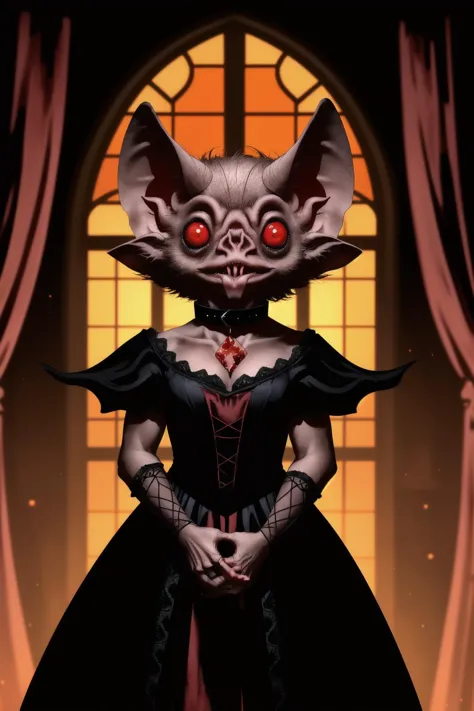 cinematic_composition, dim_red_lighting, shadows, indigo_silhouette_lighting, terrifying, horror,
 <lora:batfv1a:0.8>, 1girl, cute vampire_bat_girl, glowing_red_eyes, sneer, vampire, elegant_black_gown, high_collar, leering, full_body, tilting_head, holding_wine_glass full of blood, standing in the hall of a baroque_castle with red and gold tapestries, dark and stormy night outside the gothic windows,