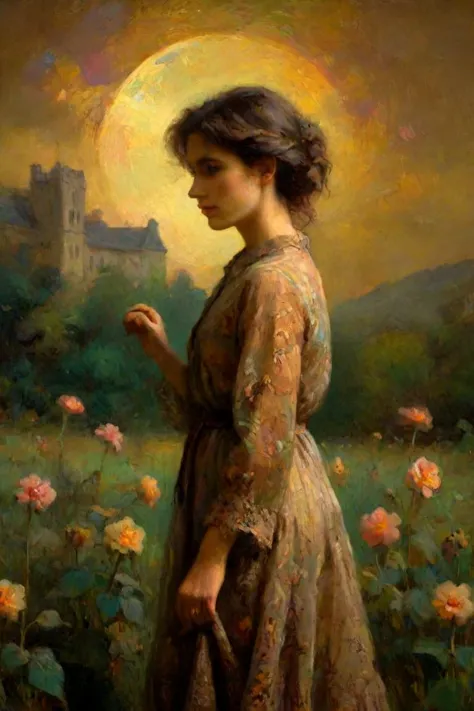 a painting of a woman in a dress standing in a field of flowers