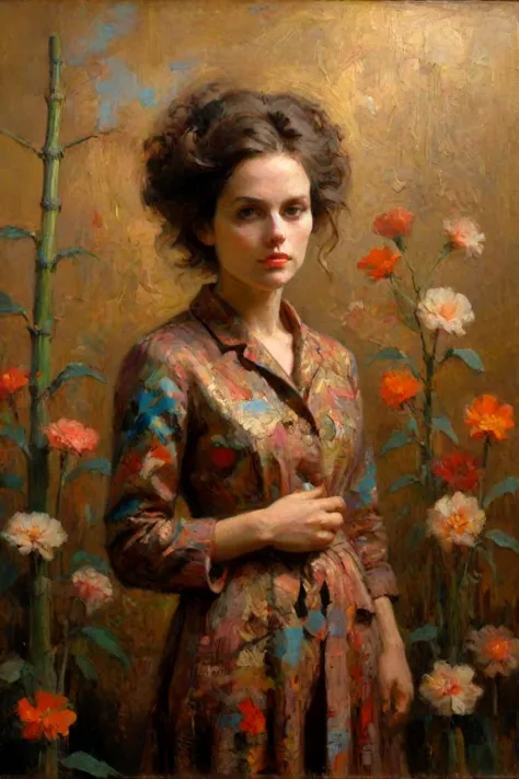 a painting of a woman in a floral dress standing in front of a painting