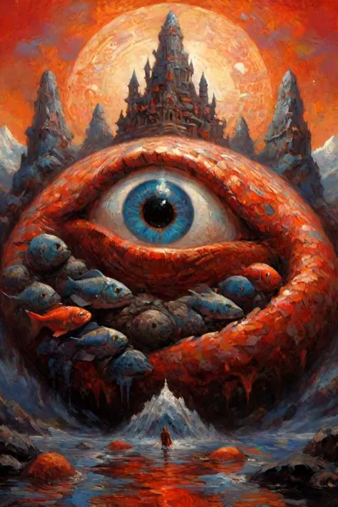 a painting of a giant eye with a mountain in the background