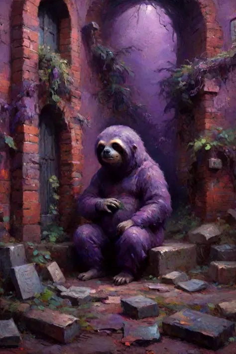 painting of a purple sloth sitting on a brick wall