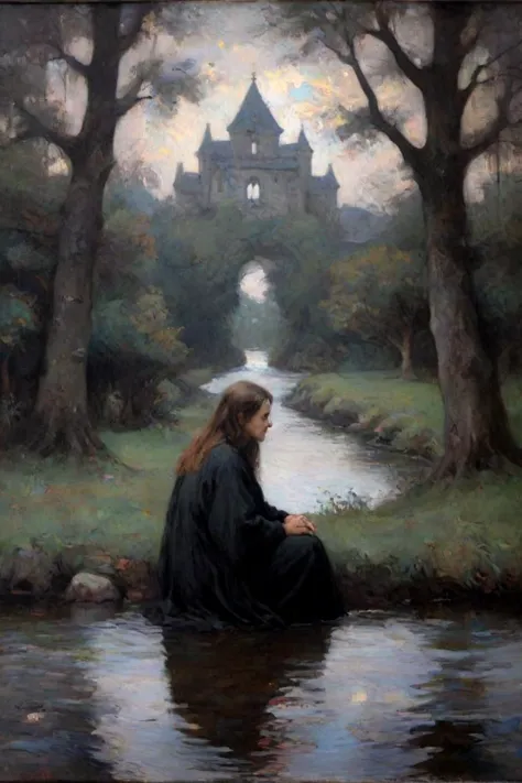 painting of a woman sitting on a bank in a forest