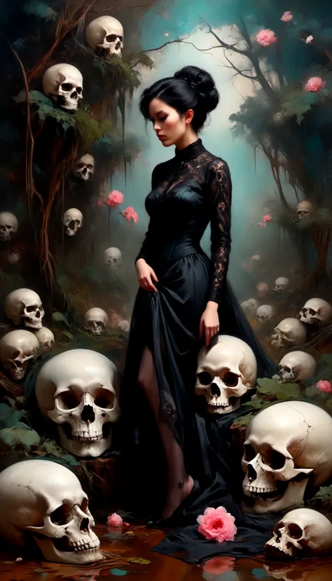 a woman in a black dress standing in front of a bunch of skulls