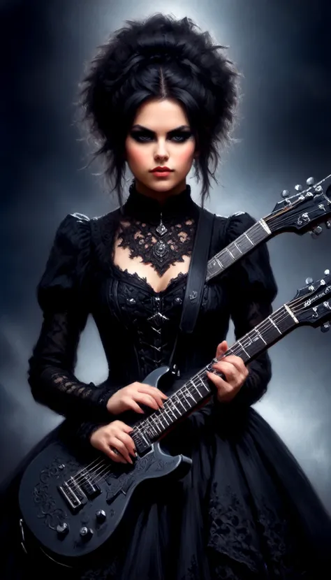 a close up of a woman in a black dress holding a guitar