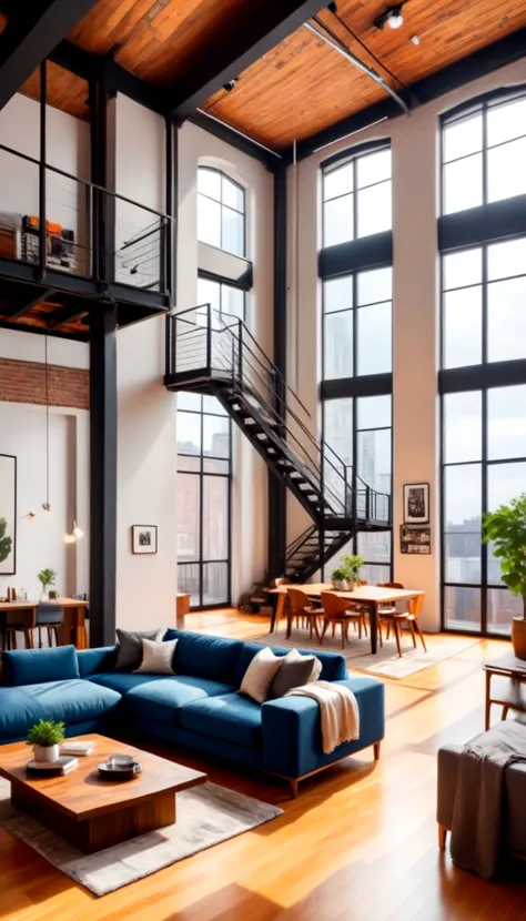 a brightly lit living room with a blue couch and a staircase