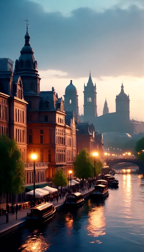 buildings along the river with boats on the water at dusk