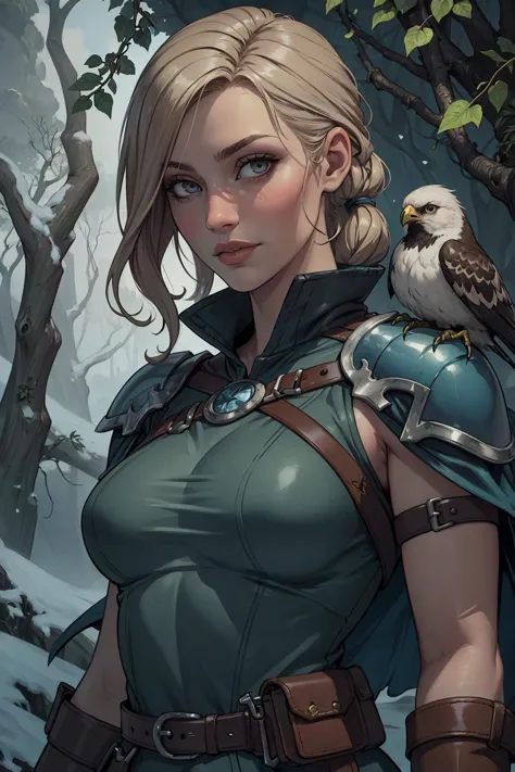 a woman with a bird on her shoulder in a forest