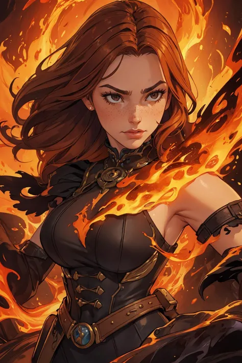 (best quality, masterpiece),
1 girl, adult hungarian woman, freckles, brown eyes, chestnut medium hair, 
(style-swirlmagic:0.8), portrait, solo, half shot, detailed background, detailed face, (victorian theme:1.1)    primal fiery  fighter, [heavy armor:molten rock:2], engulfed in flames,  flowing lava, cracks, steam, dynamic pose, pyromania,   firestorm in background, ,  epic fiery atmosphere,