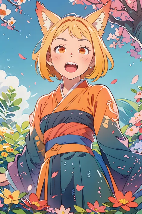 a woman in a kimono outfit standing in a field of flowers