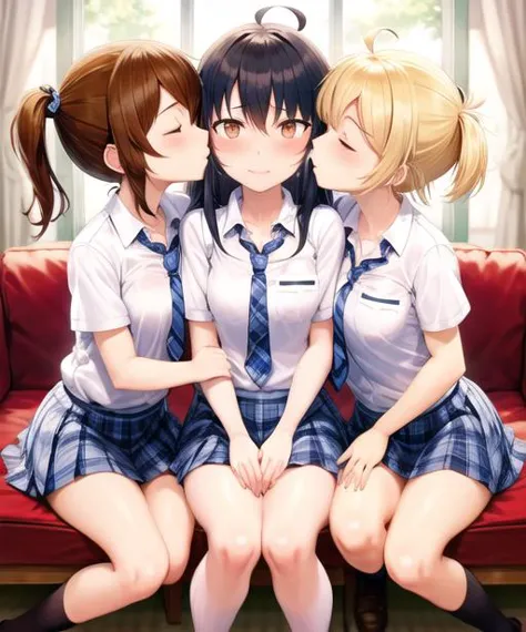 three girls in school uniforms sitting on a red couch