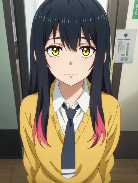 anime girl with long black hair and yellow eyes in a yellow jacket