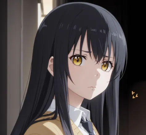 a close up of a person with long hair and yellow eyes