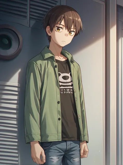 score_9, score_8_up, score_7_up, score_6_up, source_anime, <lora:mieruko-chan_v0.2-pony:1> 
1boy, solo, cowboy shot, looking at viewer, 
yotsuya kyosuke, green jacket, jeans, short hair, black t-shirt, kid, brown eyes, brown hair,