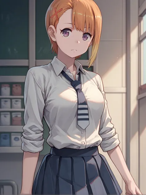 anime girl in uniform standing in a room with a window