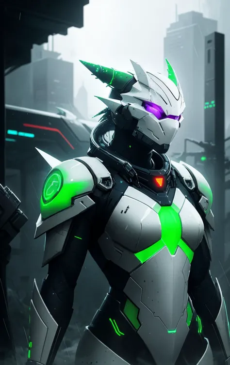 Cyber dragon warrior, white armor, green neon, sci fi concept, cyber dragon warrior from the future, dark atmosphere, light rain...