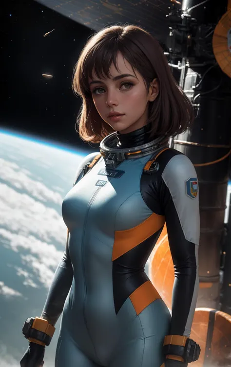 Photo of an Argentinian social worker girl in the surreal planet raphael lacoste, tight soft light suit, detailed background, co...