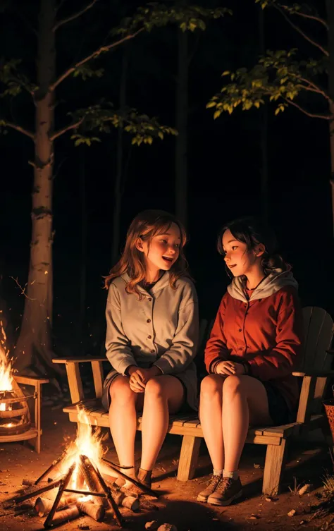 no dyed hair, In the gentle glow of a campfire, two girls share ghost stories, their faces lit by the flickering firelight, a sense of excitement in the air