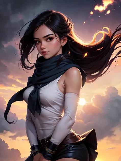 powerpuff girls style, illustration of a girl floating in the sky, scarf, floating hair, close-up, warm soft lighting, sunset, cloud, cloudy sky, (sparks:0.7), (light particles:1.1), volumetric lighting, smug, smirk, art by artgerm and greg rutkowski and alphonse mucha