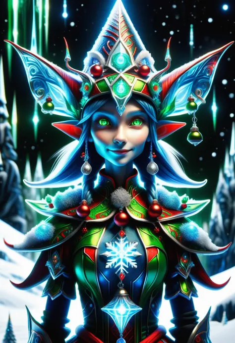 hyper detailed masterpiece, dynamic, awesome quality, blue azure midnight female  christmas elf, small humanoid creature, pointed ears, bright and festive attire, red, green, holiday colors, pointed hat with a bell on the tip, merry cheerful expression, rosy cheeks, lively eyes, joyful, industrious, and benevolent, ovate buds crafting hall,gelled lighting mount olympus,poignant surroundings subsurface scattering (sss),antigravity, atomic age,flammable,folklore,bucolic <lora:DonMFr0stP4nkXL:0.55> DonMFr0stP4nkXL, ice, snow, frost <lora:DonMT3chW0rldXL-000009:0.55> DonMT3chW0rldXL <lora:SDXLFrosted:0.55> FrostedStyle