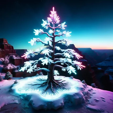 The Grand Canyon, <lora:DonMFr0stP4nk:1>, DonMFr0stP4nkXL, ice, snow, snowy ground, frost, hologram, holographic,christmas trees, led lights, nighttime, neon, futuristic, cyberpunk, decorations, neon glow, <lora:SDXLGhostStyle:0.65>,<lora:xl_more_art-full_v1:0.75>,8k, uhd, cinematic, ultra detailed,