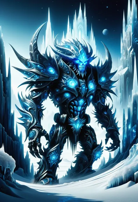 a blue and black monster with a glowing face and a large head