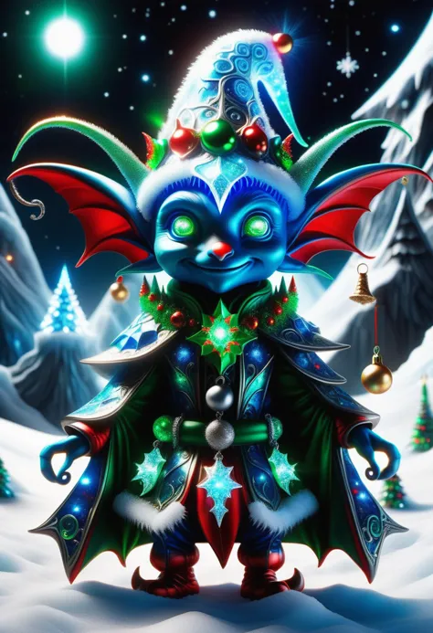 hyper detailed masterpiece, dynamic, awesome quality, blue azure midnight male  christmas elf, small humanoid creature, pointed ...