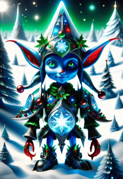 hyper detailed masterpiece, dynamic, awesome quality, blue azure midnight female  christmas elf, small humanoid creature, pointe...