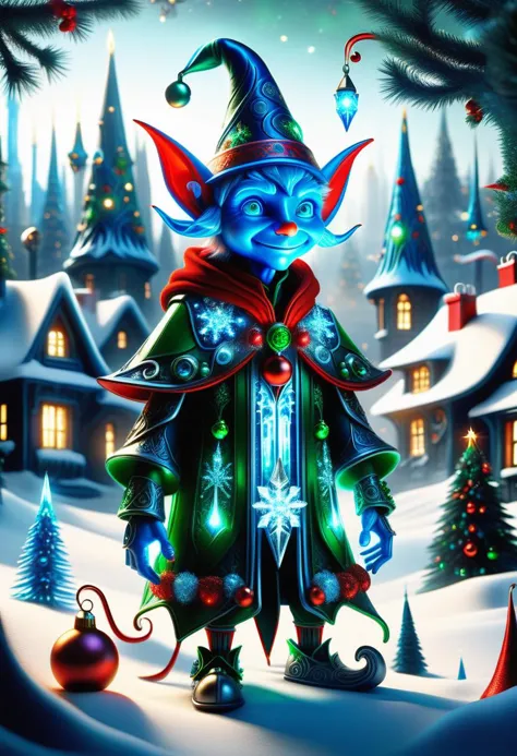 hyper detailed masterpiece, dynamic, awesome quality, blue azure midnight male  christmas elf, small humanoid creature, pointed ...