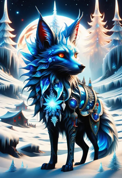 a painting of a wolf with glowing eyes standing in the snow