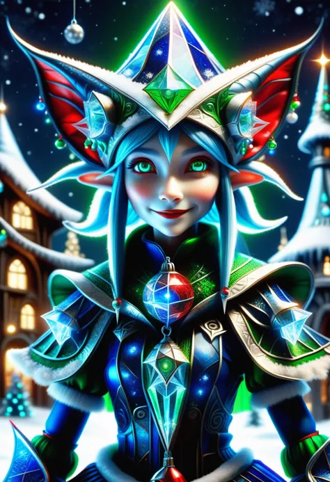 hyper detailed masterpiece, dynamic, awesome quality, blue azure midnight female  christmas elf, small humanoid creature, pointe...