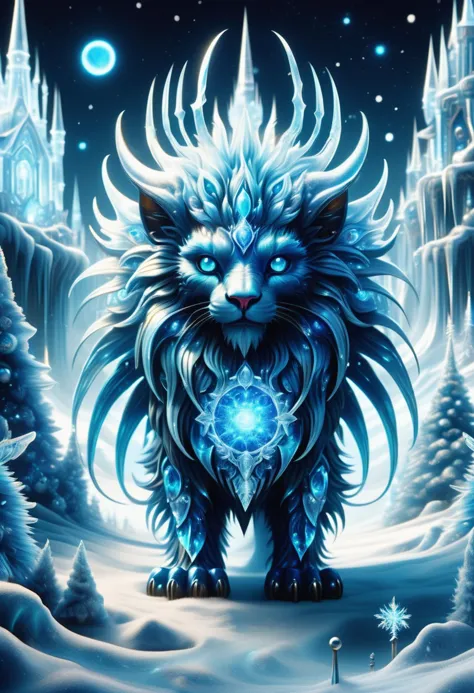 a cat with a glowing face standing in the snow