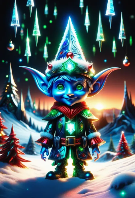 hyper detailed masterpiece, dynamic, awesome quality, blue azure midnight male  christmas elf, small humanoid creature, pointed ...