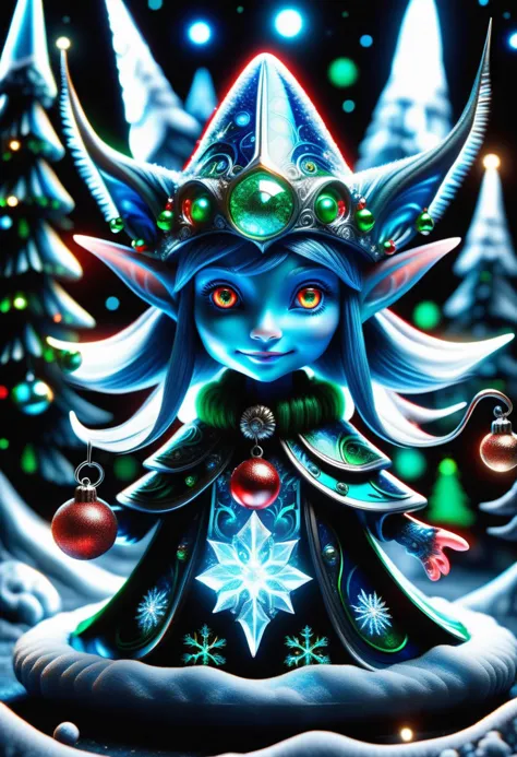 hyper detailed masterpiece, dynamic, awesome quality, blue azure midnight female  christmas elf, small humanoid creature, pointe...