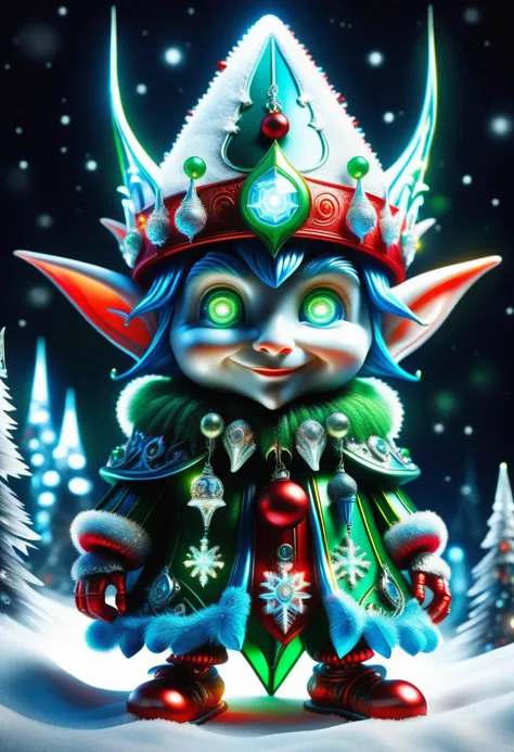 hyper detailed masterpiece, dynamic, awesome quality, blue azure midnight male  christmas elf, small humanoid creature, pointed ears, bright and festive attire, red, green, holiday colors, pointed hat with a bell on the tip, merry cheerful expression, rosy cheeks, lively eyes, joyful, industrious, and benevolent, machinic bazaar,bar lighting vent,unusual shore volumetric lighting,mind uploading, deadly,solutions-oriented,sound,unhealthy,fertile <lora:DonMFr0stP4nkXL:0.55> DonMFr0stP4nkXL, ice, snow, frost <lora:DonMT3chW0rldXL-000009:0.55> DonMT3chW0rldXL <lora:SDXLFrosted:0.55> FrostedStyle