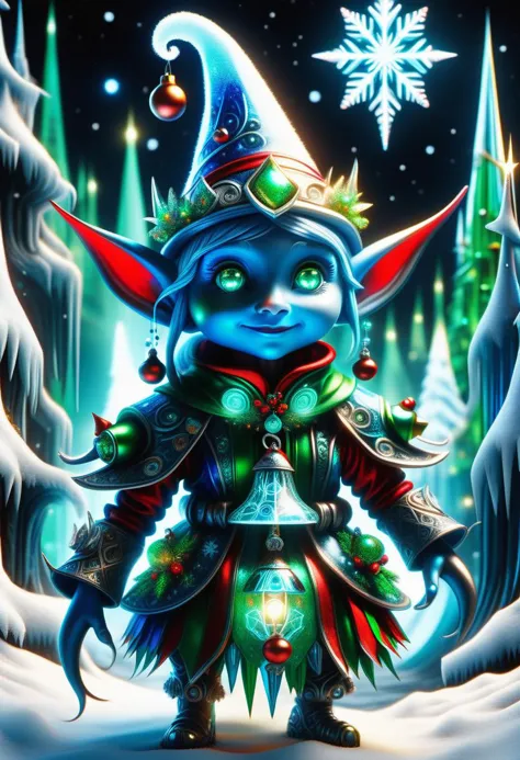 hyper detailed masterpiece, dynamic, awesome quality, blue azure midnight female  christmas elf, small humanoid creature, pointe...