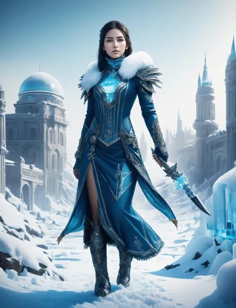 a woman in a blue dress and a sword standing in the snow