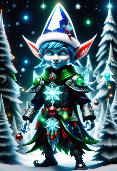 hyper detailed masterpiece, dynamic, awesome quality, blue azure midnight male  christmas elf, small humanoid creature, pointed ears, bright and festive attire, red, green, holiday colors, pointed hat with a bell on the tip, merry cheerful expression, rosy cheeks, lively eyes, joyful, industrious, and benevolent, fade ingress,aurora demesne,curved comet distortion,cybernetic serendipity, conceptualization,placid,unadorned,ancient growth,dissipate,discordant <lora:DonMFr0stP4nkXL:0.55> DonMFr0stP4nkXL, ice, snow, frost <lora:DonMT3chW0rldXL-000009:0.55> DonMT3chW0rldXL <lora:SDXLFrosted:0.55> FrostedStyle