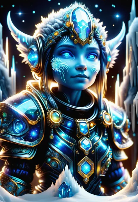 hyper detailed masterpiece, dynamic, awesome quality, blue azure midnight female  dwarf, small short fictional humanoid creature...