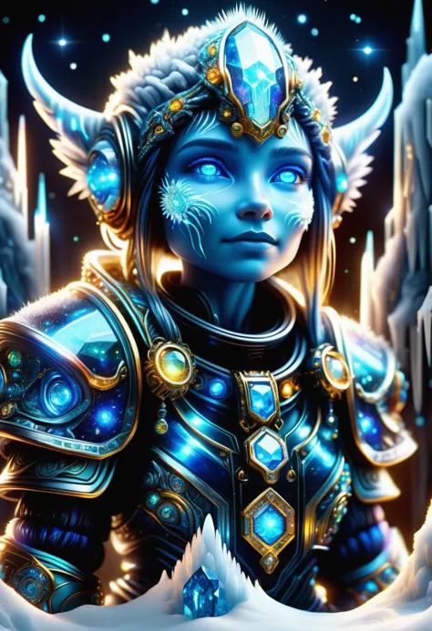 a woman in a blue outfit with horns and a horned head