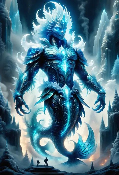 hyper detailed masterpiece, dynamic, awesome quality, blue azure midnight merman, formless mist like creature, made of smoke and...