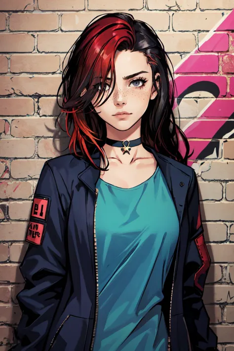 best quality, intricate details, chromatic aberration, 
1girl, long hair, black hair, messy hair, red highlights, hair over one eye, red eyes, sharp eyes, 
choker, neon shirt, torn legwear, open jacket, black jacket, 
against wall, brick wall, graffiti, dim lighting, alley
 <lora:CONCEPT_graffiti_wall_ownwaifu-15:0.8> CONCEPT_graffiti_wall_ownwaifu,www.ownwaifu.com,  (graffiti:1.2),brick wall,head tilt,sidelighting,    (straight-on:1.1), looking at viewer,standing,upper body, facing viewer,, ((best quality)), ((masterpiece)), ((realistic)), (detailed), portrait, close up,  highly detailed skin, looking at the viewer,
 young female fantasy,  freckles, grey eyes, wearing blue robes
cyberpunk art, stunning gradient colors, no watermark signature, 
detailed background, town, alley, dark alley, closed mouth, insanely detailed, , ((masterpiece)), absurdres, HDR,