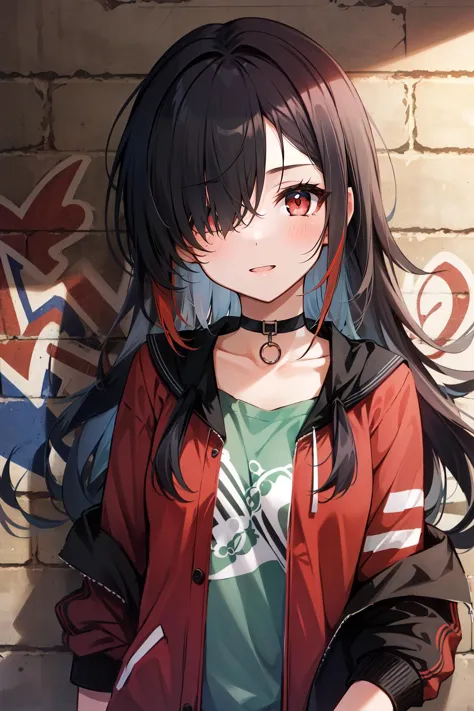 anime girl with long hair and a red jacket standing in front of a brick wall