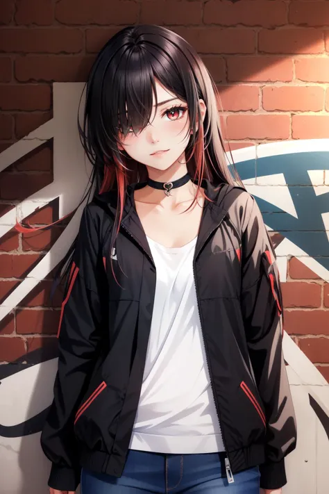 anime girl with long black hair and red eyes standing in front of a brick wall