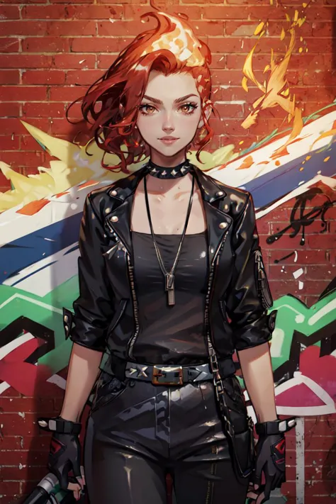 ((masterpiece,best quality)), absurdres, <lora:Fiery_Hair:0.8>, Fiery_Hair, fiery hair, glowing,  1girl,  solo, smiling, looking at viewer, cowboy shot,  leather jacket, leather pants, strapless bra, black jacket, tight pants, black choker, zipper, fingerless gloves, biker clothes, spikes, unzipped, multiple belts, shiny clothes, high collar, CONCEPT_graffiti_wall_ownwaifu, (graffiti:1.2), brick wall,<lora:CONCEPT_graffiti_wall_ownwaifu-15:1>