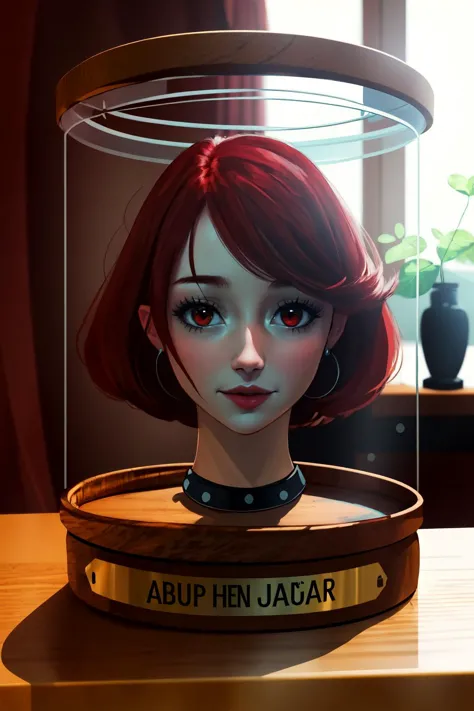 a close up of a woman with red hair in a glass jar