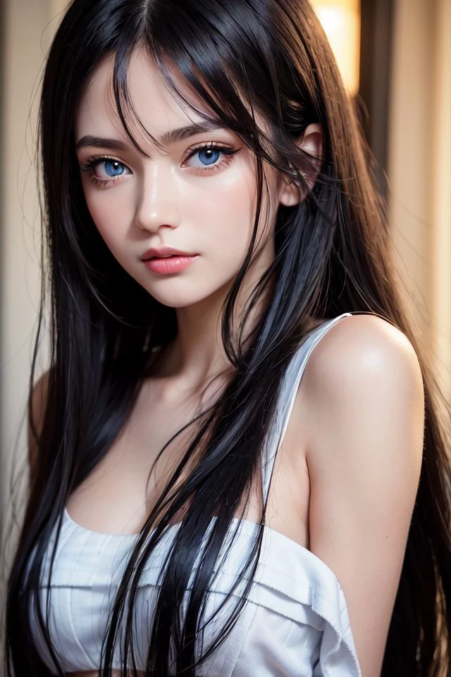 шедевр, Лучшее качество, Красивая молодая женщина, блестящие голубые глаза, (подробный pupils:1.2), ресница, красивые светло-черные волосы, мелированные волосы, многоцветный, средние волосы, идеальное лицо, подробный,