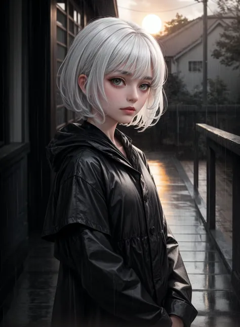 anime girl with white hair and black jacket standing on a sidewalk