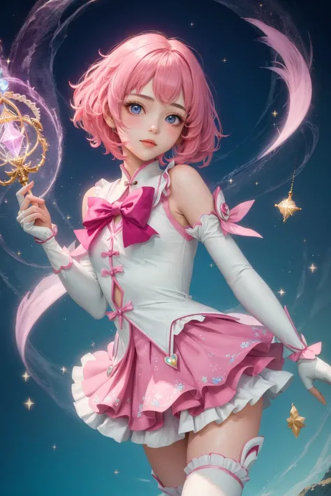 a girl in a pink dress holding a wand and a star